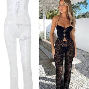 WHITE Sheer Lace Jumpsuit with High-Waisted Fit